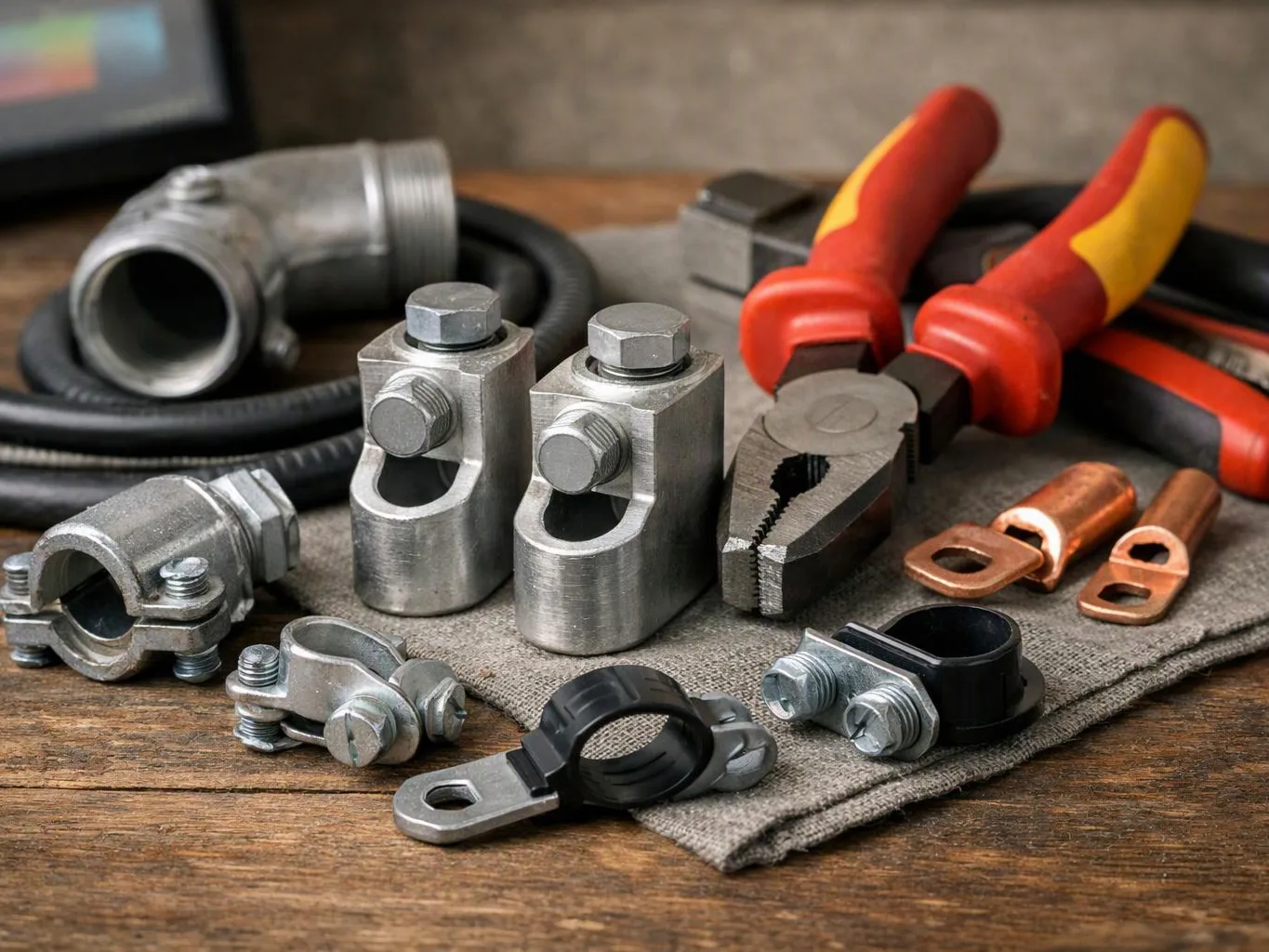 Assorted metal cable connectors and pliers rest on a cloth over a wooden workbench
