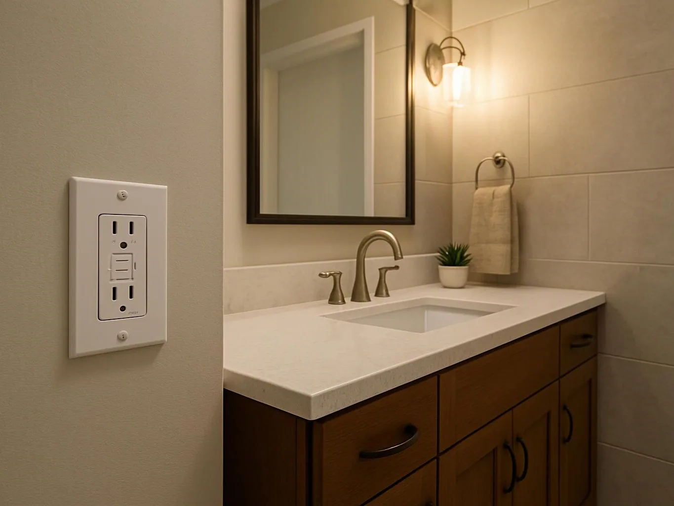 A bathroom vanity with sink, mirror, towel, plant, and wall light sits beside an outlet switch on the left