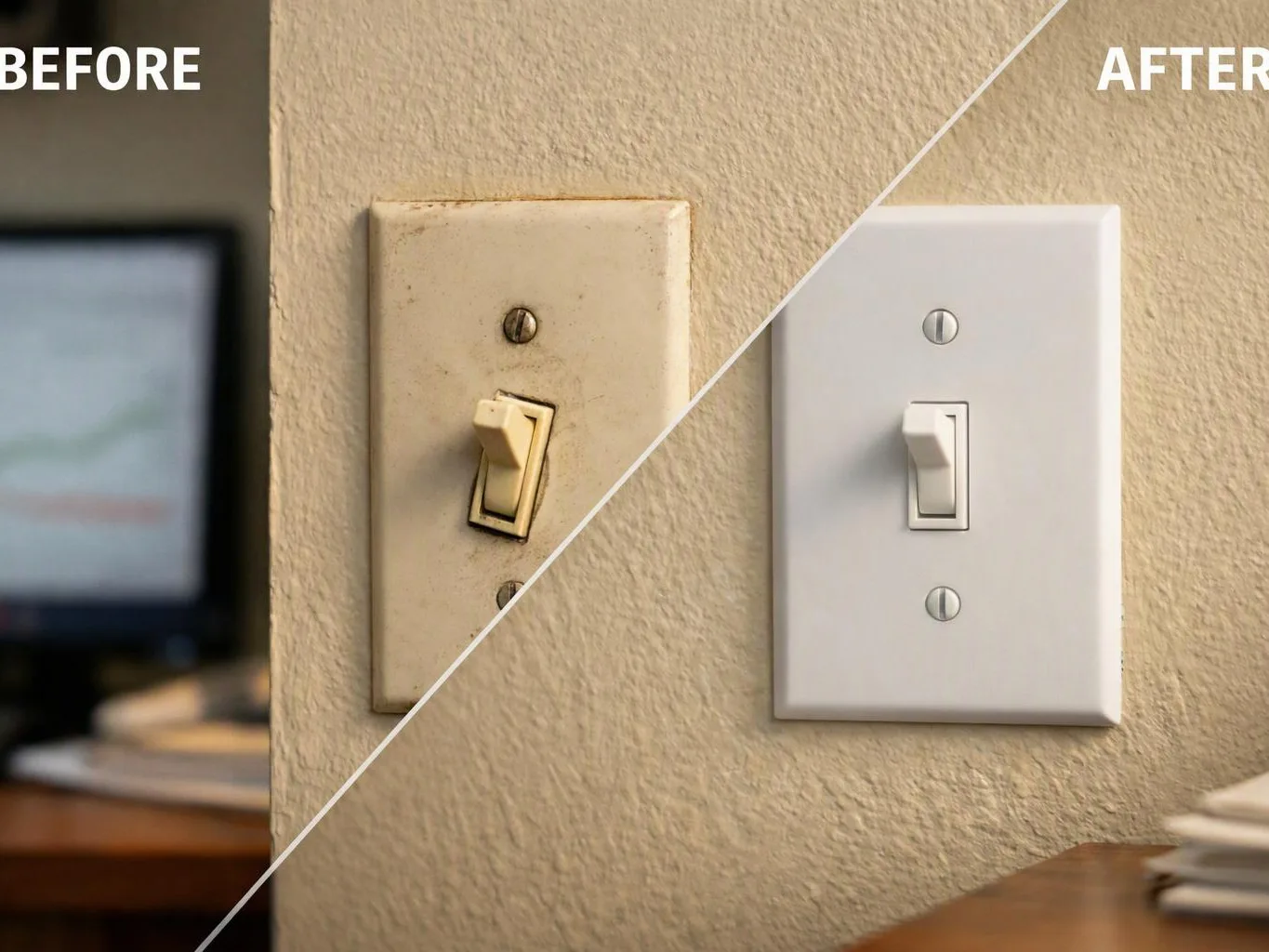 A before-and-after image shows a dirty wall light switch replaced by a clean white switch plate on a textured wall