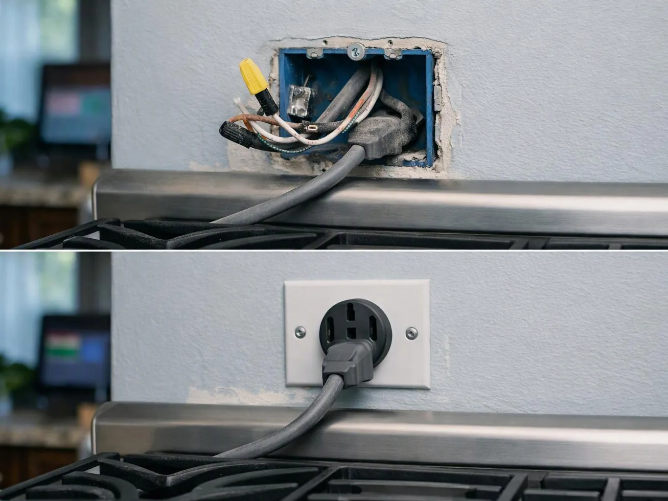 A before-and-after view shows exposed wall wiring above a stove replaced by a finished electrical outlet with a plugged-in cord