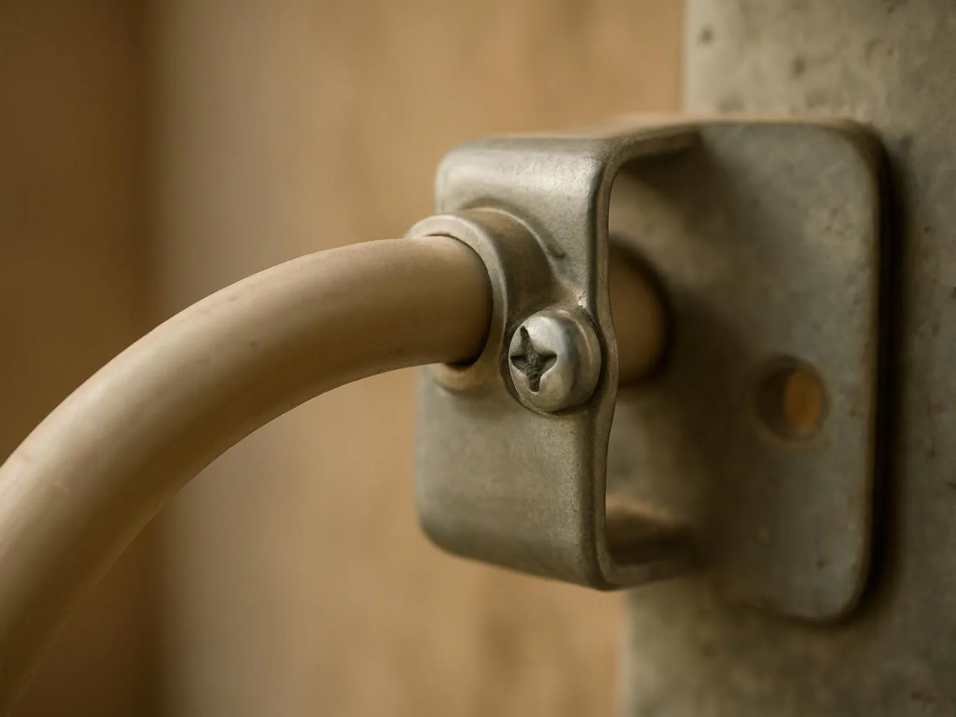A beige cable passes through a metal wall bracket secured by a visible screw