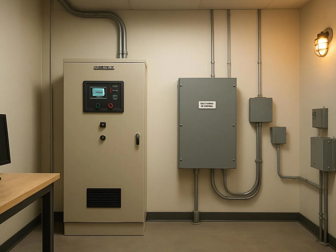 A beige control cabinet and gray electrical boxes line a utility room wall with exposed conduit and a lit wall lamp