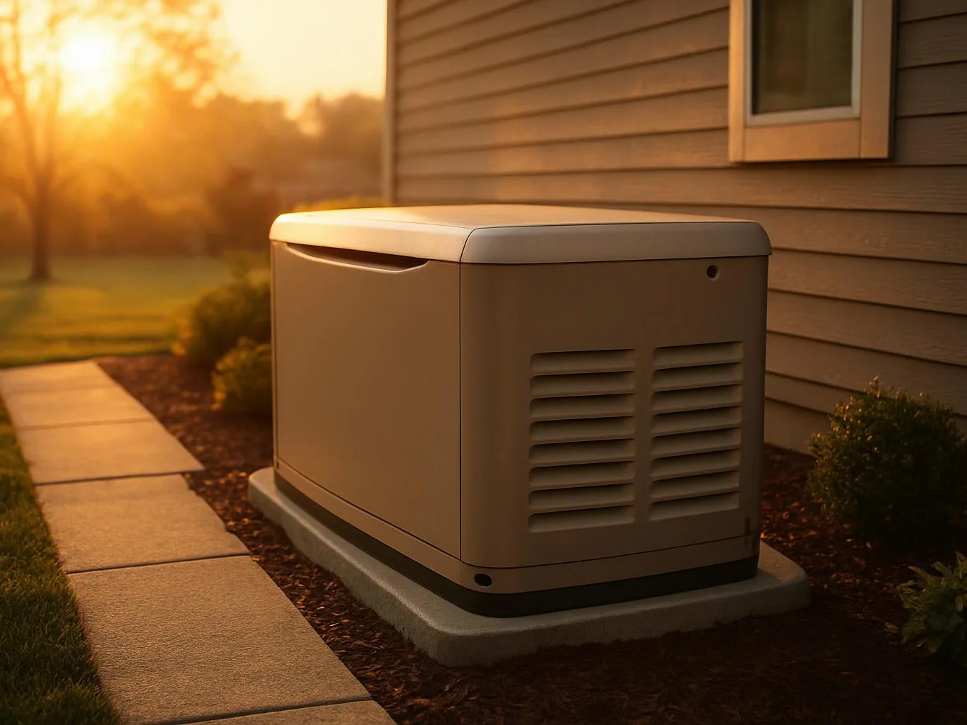 A beige home generator sits beside a house along a sidewalk at sunset