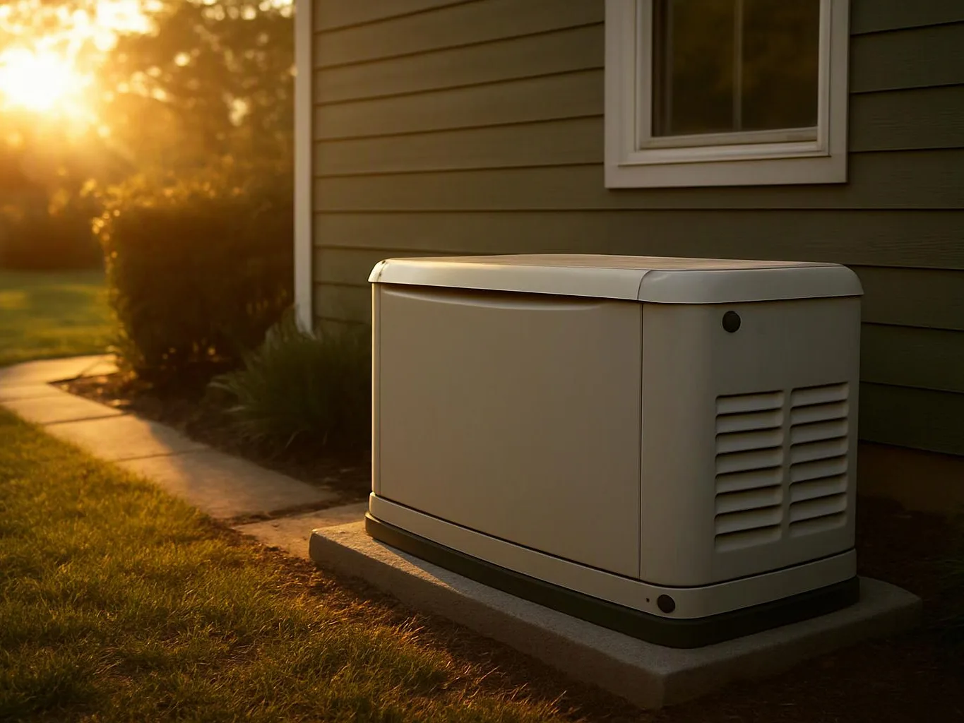 A beige outdoor generator sits beside a house in warm sunset light