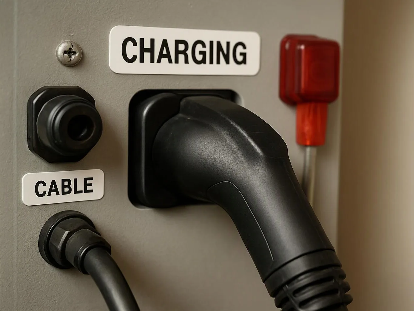 A black charging plug is inserted into a gray panel labeled “CHARGING” and “CABLE,” with a red light beside it