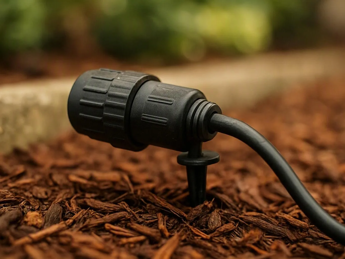 A black garden cable connector rests in mulch, with a blurred yard background