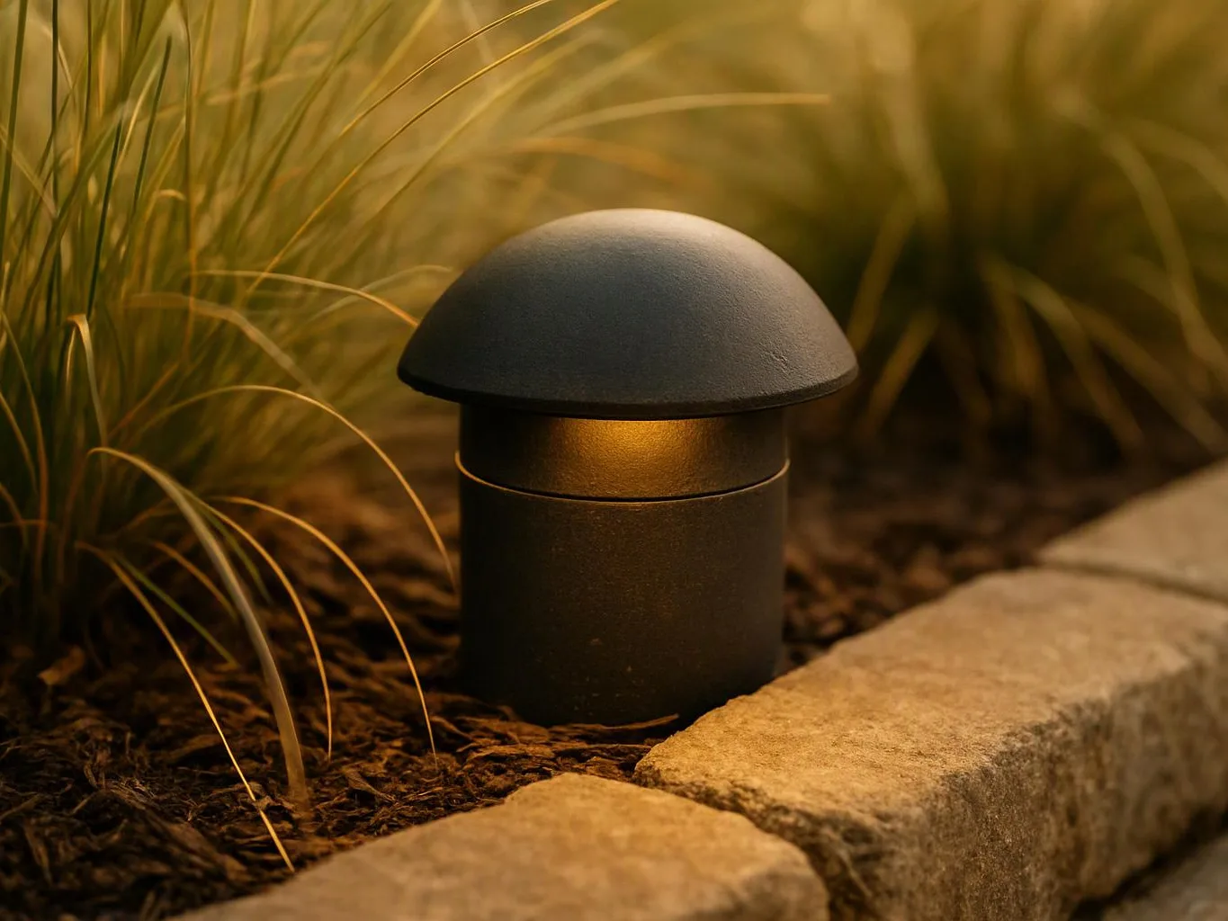 A black garden path light glows among ornamental grass beside a stone border