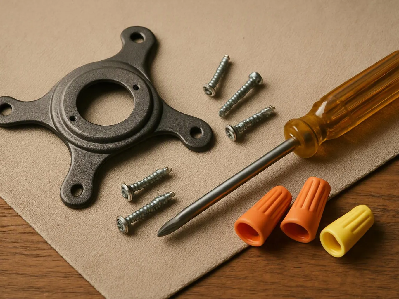 A black metal mounting bracket, screws, screwdriver, and wire nuts are laid out on a beige mat and wooden surface