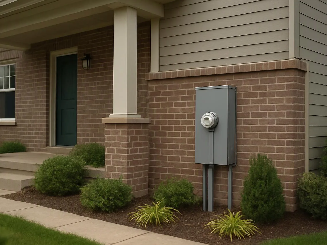 A brick house exterior shows a gray utility box beside a dark green front door and shrubs
