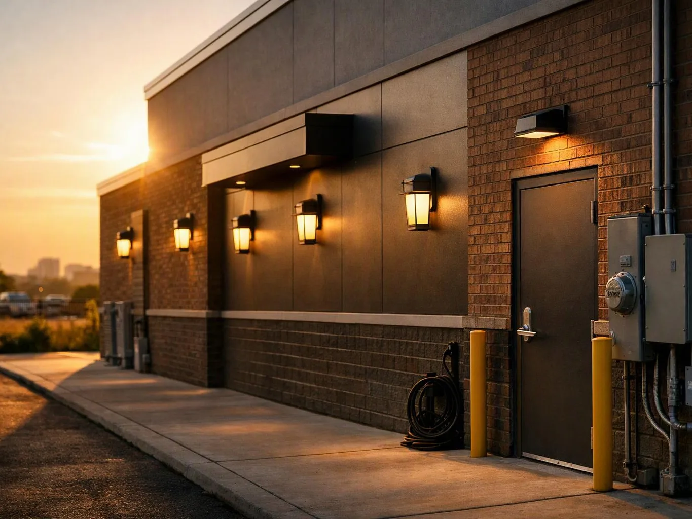 A brick utility building at sunset shows lit wall lamps, a side door, and electrical equipment along a concrete path