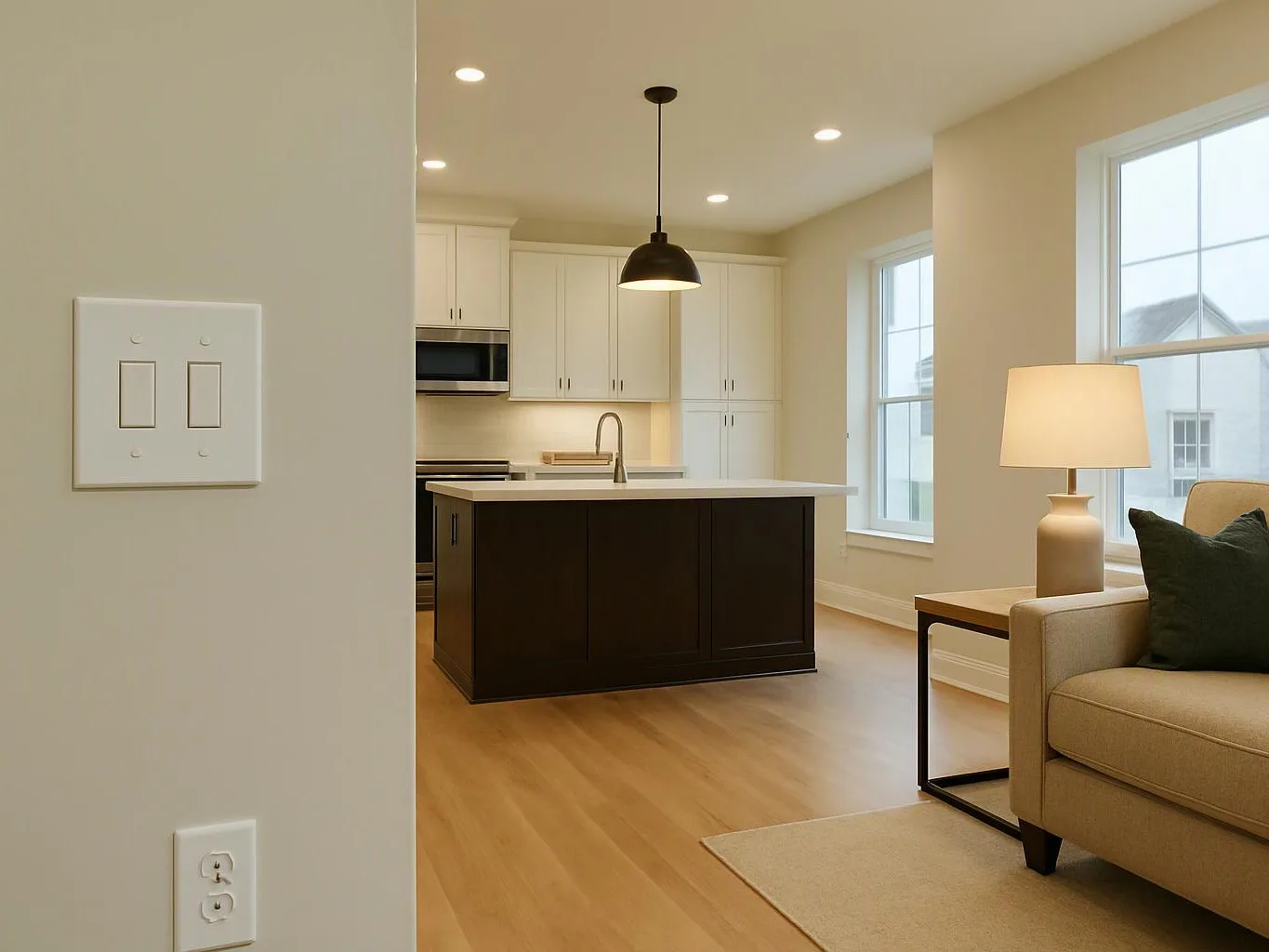 A bright open-plan kitchen and living room shows a dark island, beige sofa, and lit table lamp
