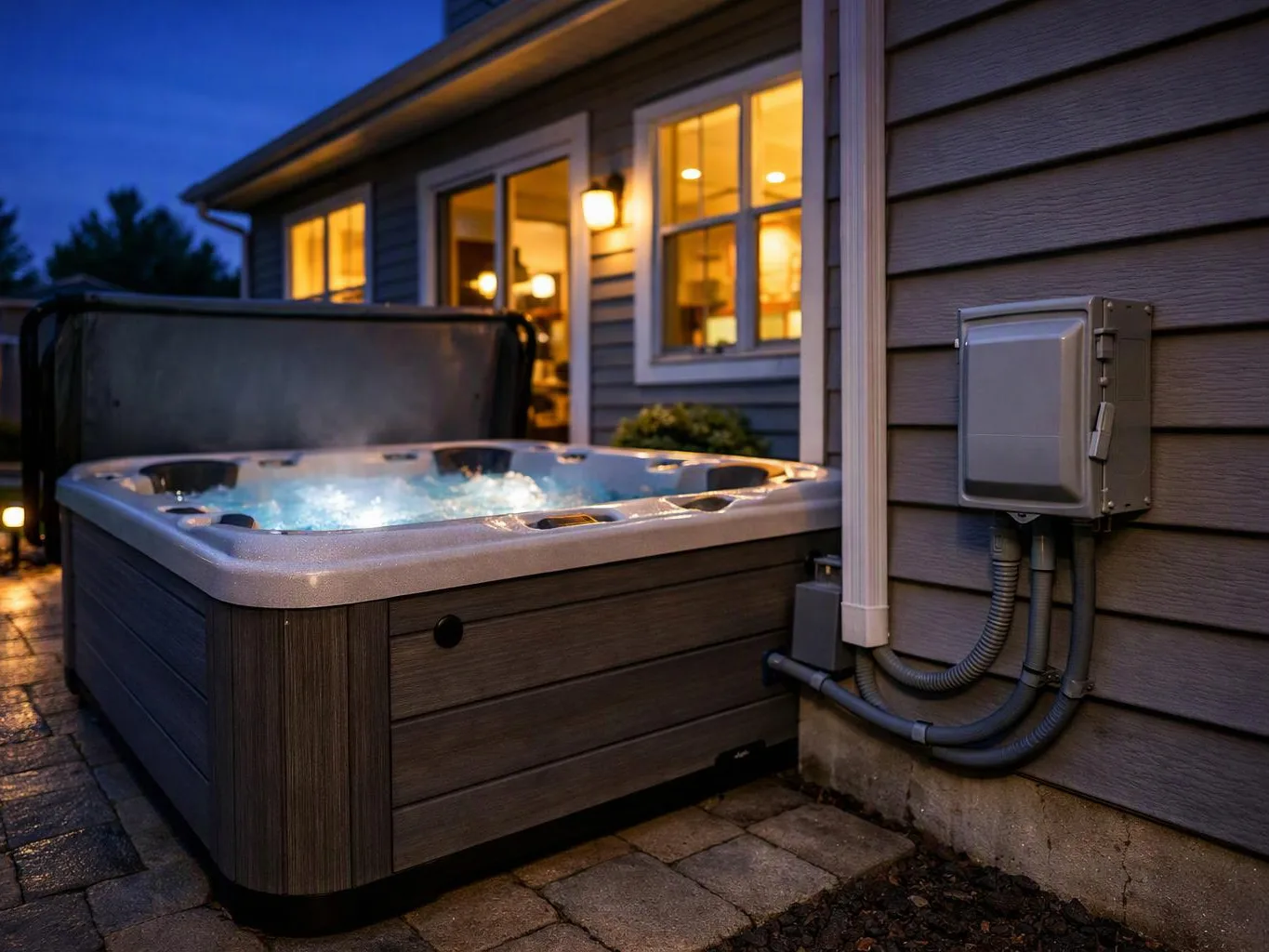 A bubbling hot tub sits beside a house at dusk, with warm lights glowing through the windows