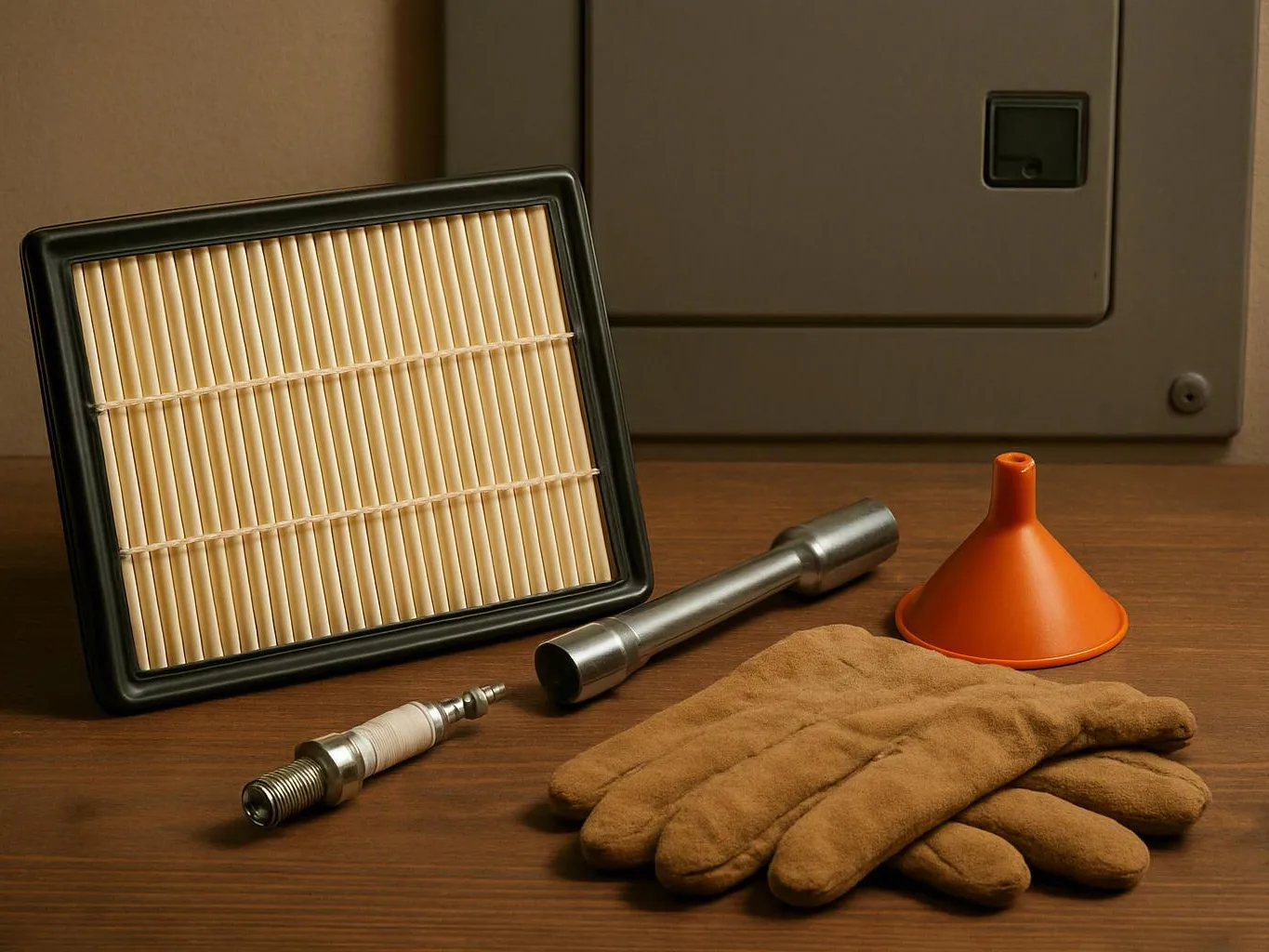 A car air filter, spark plug, metal tool, funnel, and gloves rest on a wooden workbench