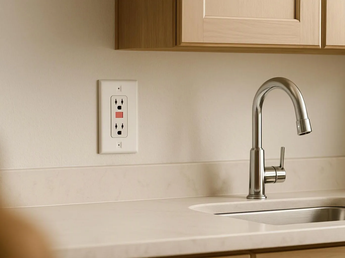 A clean kitchen counter with a stainless faucet, sink, outlet, and light wood cabinets in view