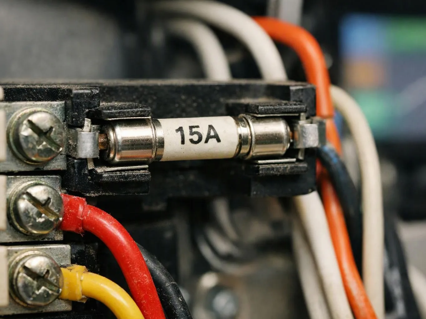 Close-up of a 15A fuse in an electrical panel with colored wires and screw terminals