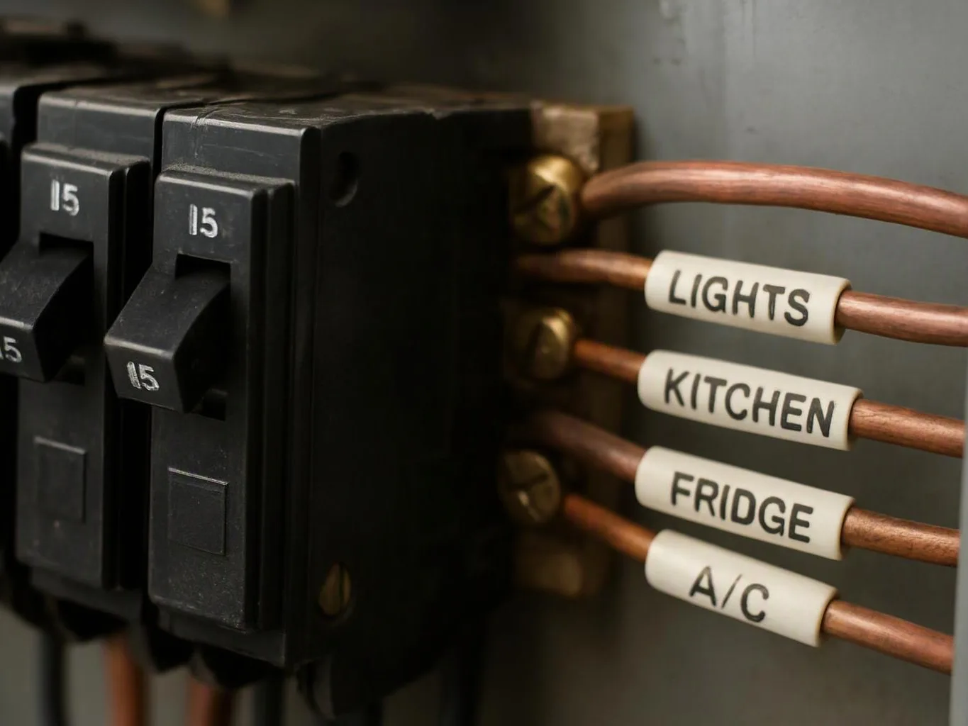 Close-up of a breaker panel with black 15-amp switches and labeled copper wires for lights, kitchen, fridge, and A/C