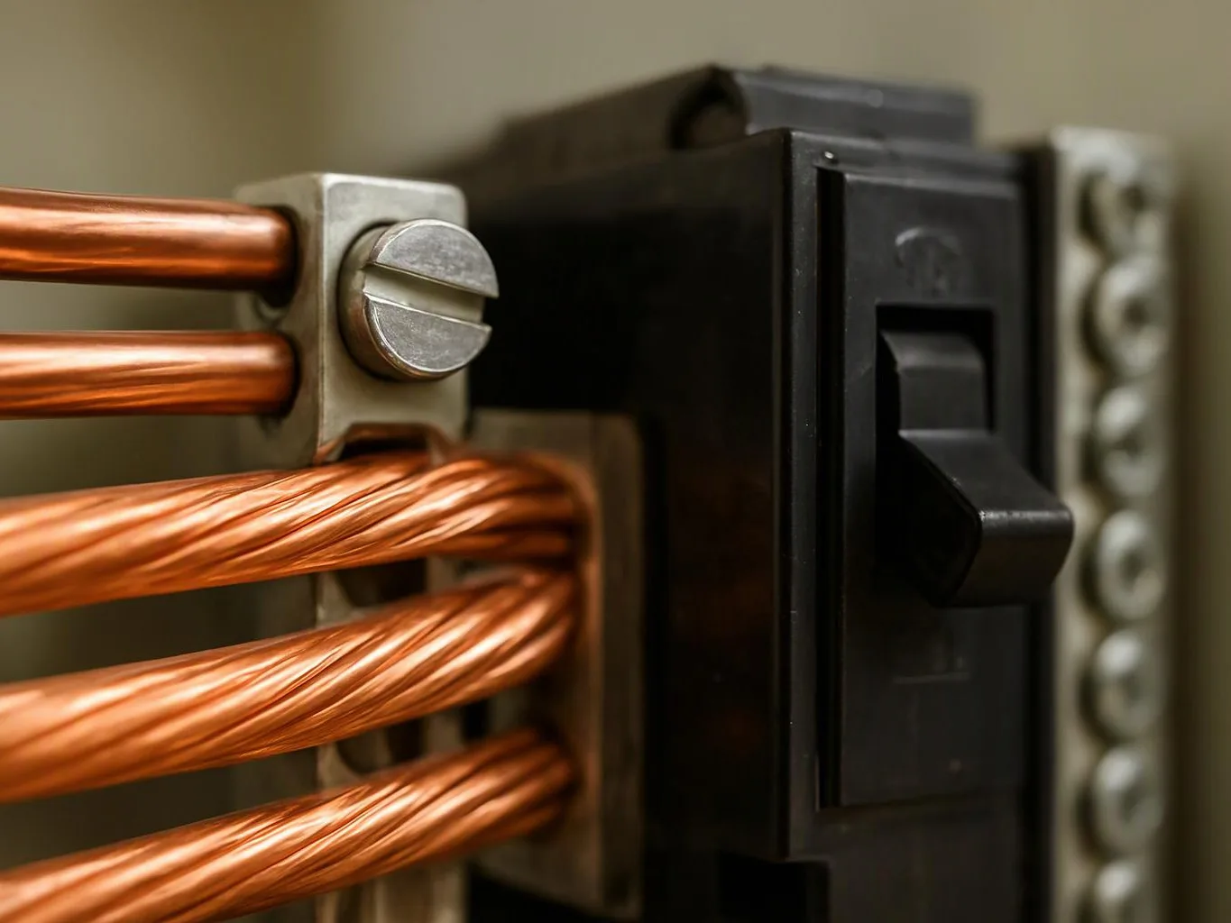 Close-up of copper wires connected to a black electrical breaker switch inside a panel