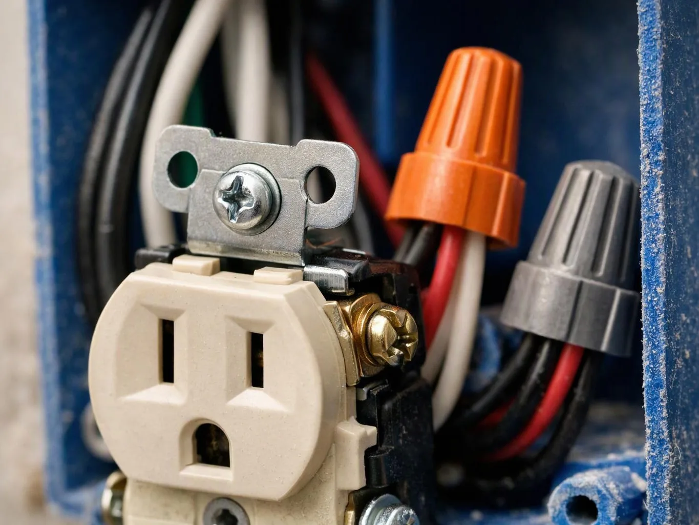 Close-up of an electrical outlet wired inside a blue wall box with orange and gray wire nuts, and bundled cables behind it