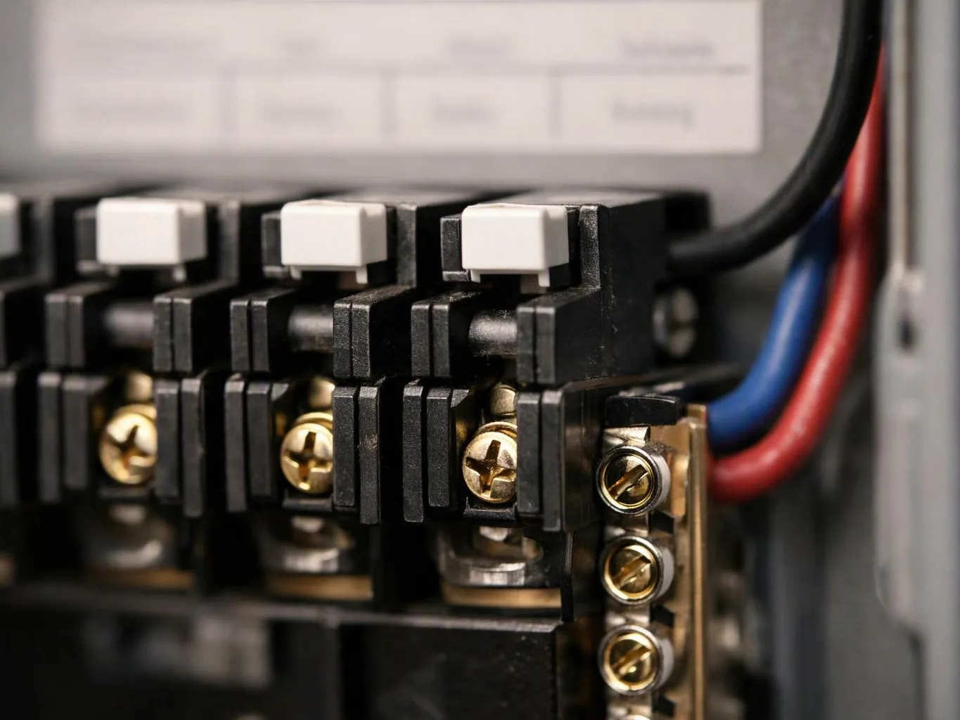 Close-up of electrical terminal blocks with screws and red, blue, and black wires inside a panel