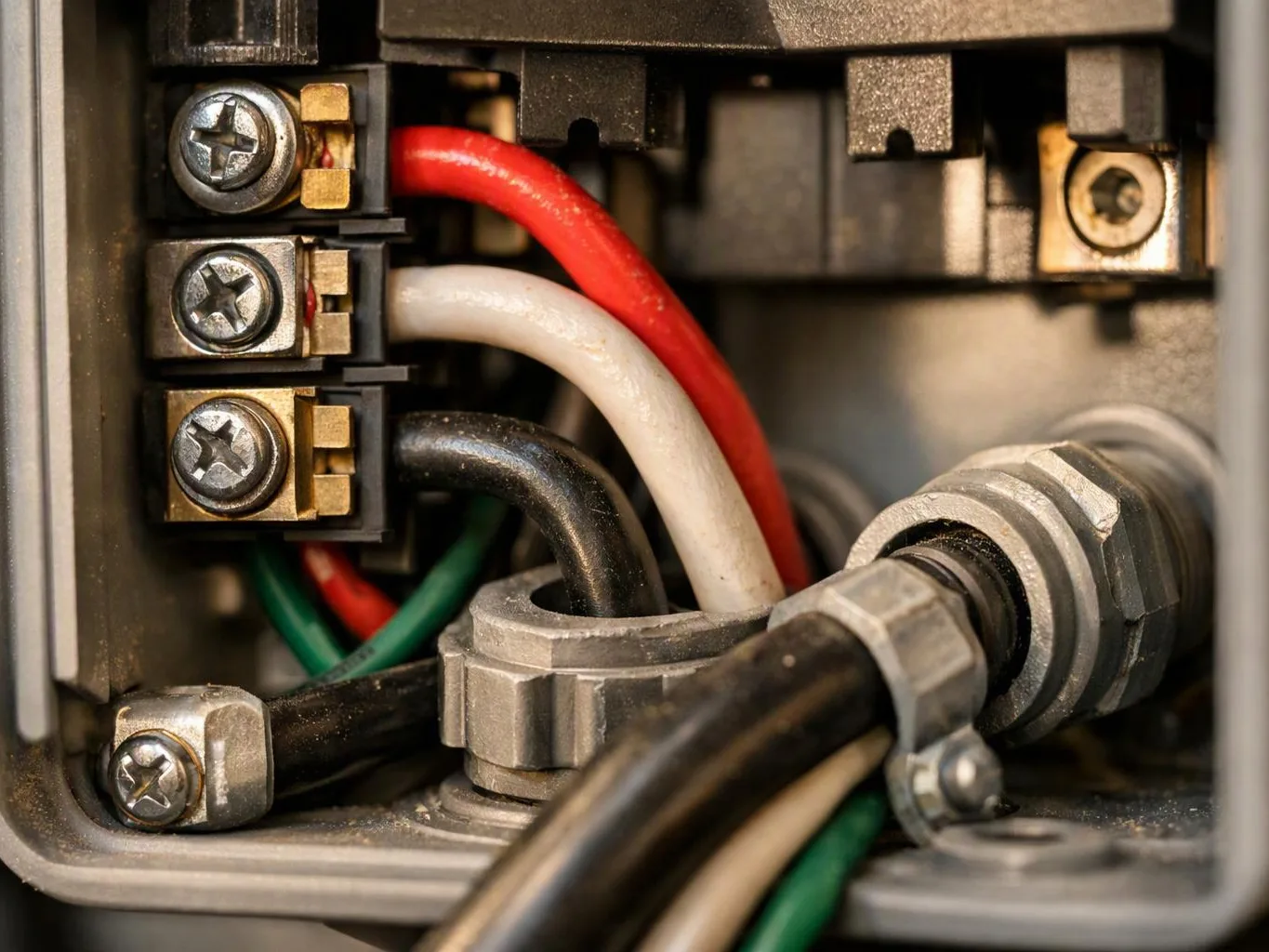 Close-up of electrical wires connected to metal screw terminals inside a gray equipment box
