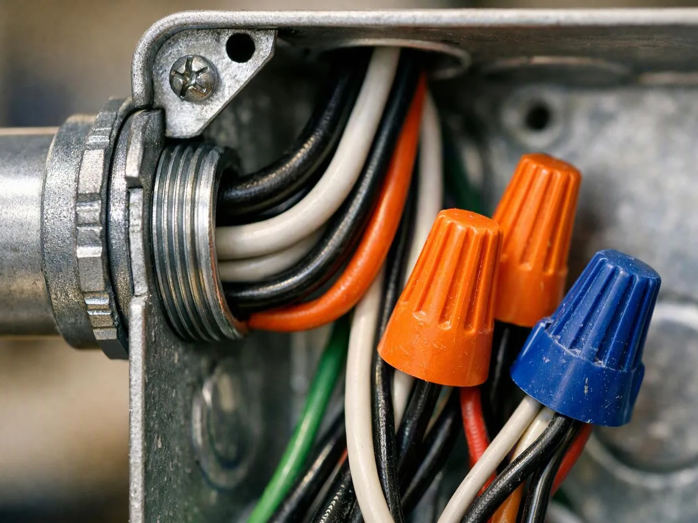 Close-up of electrical wires inside a metal junction box with orange and blue wire nuts