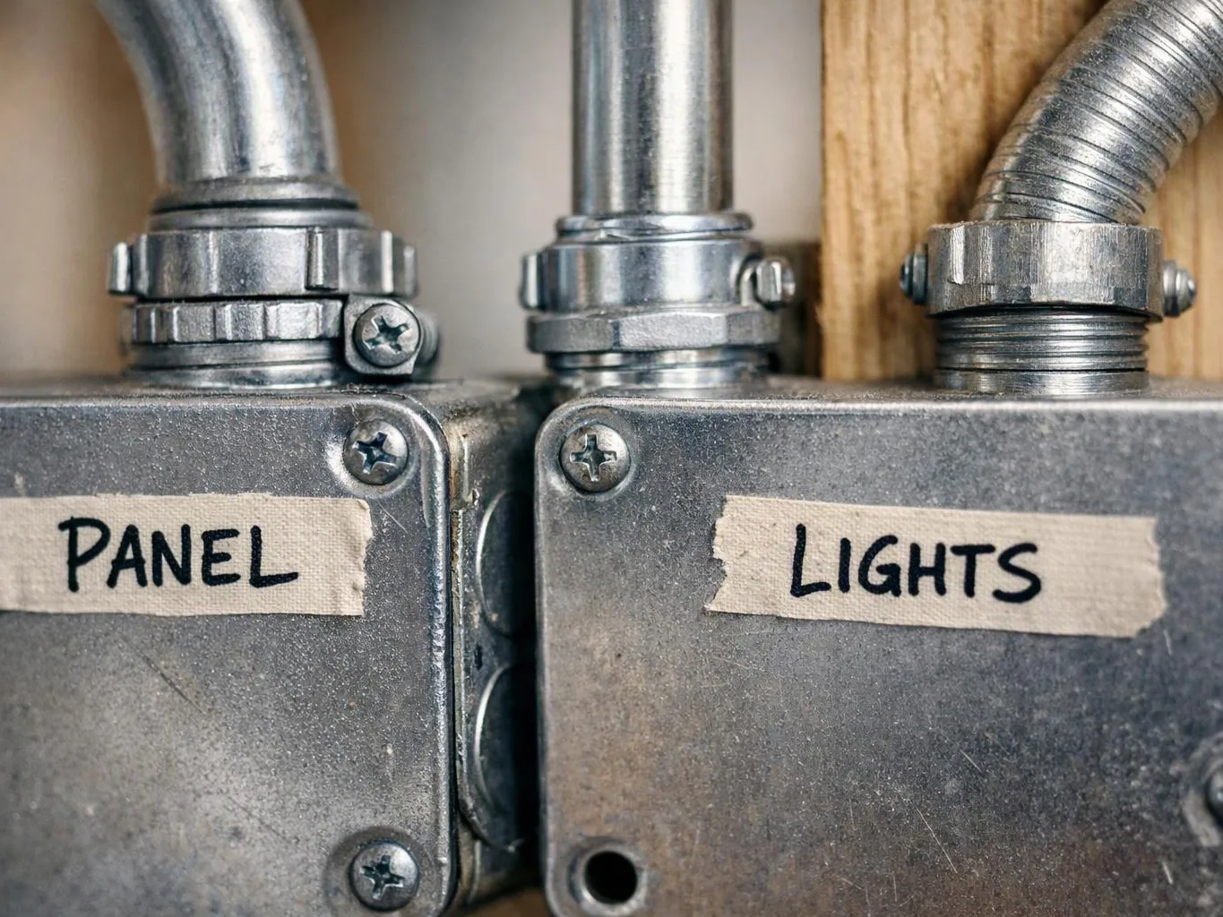 Close-up of metal electrical boxes with taped labels reading “PANEL” and “LIGHTS” and connected conduit pipes