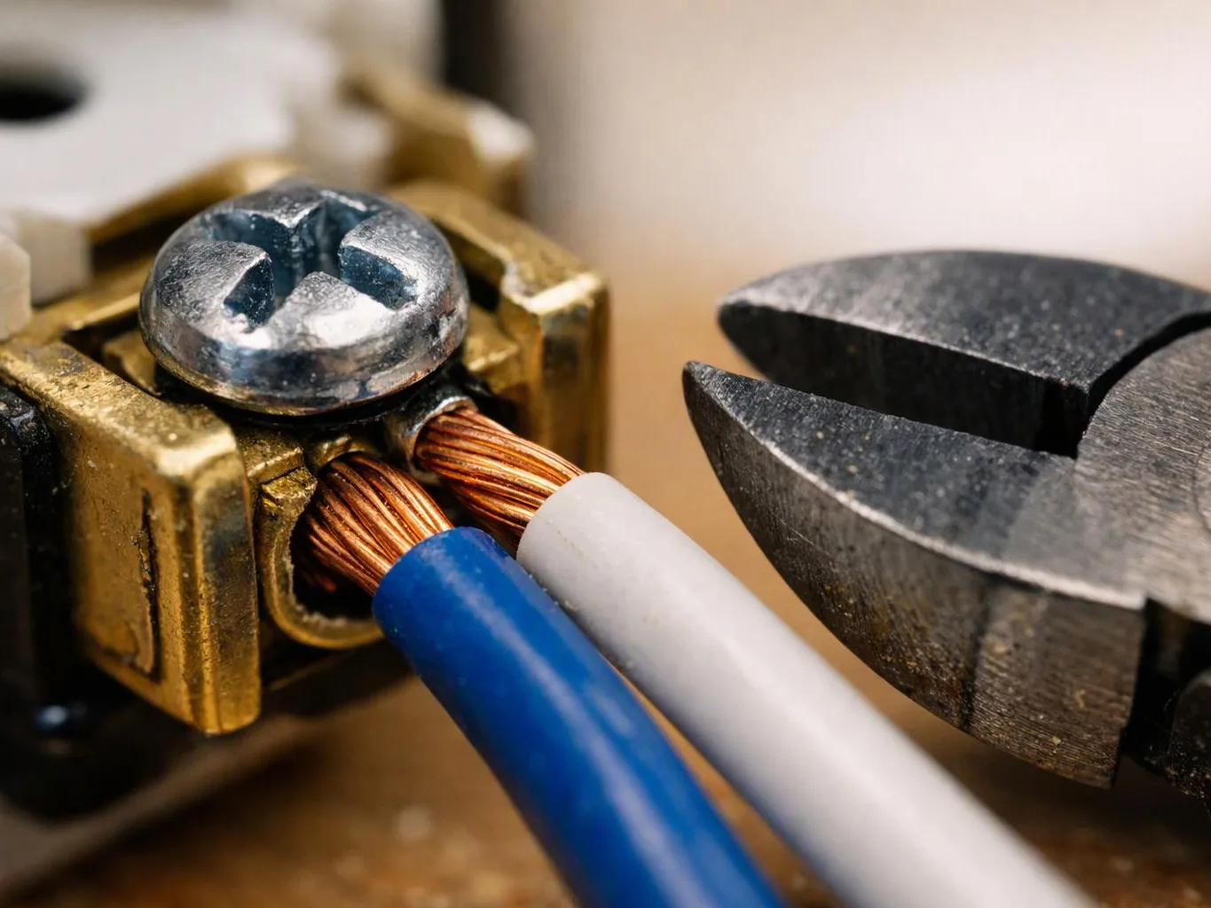 Close-up of pliers gripping copper wire beside a screw terminal with blue and white insulated cables