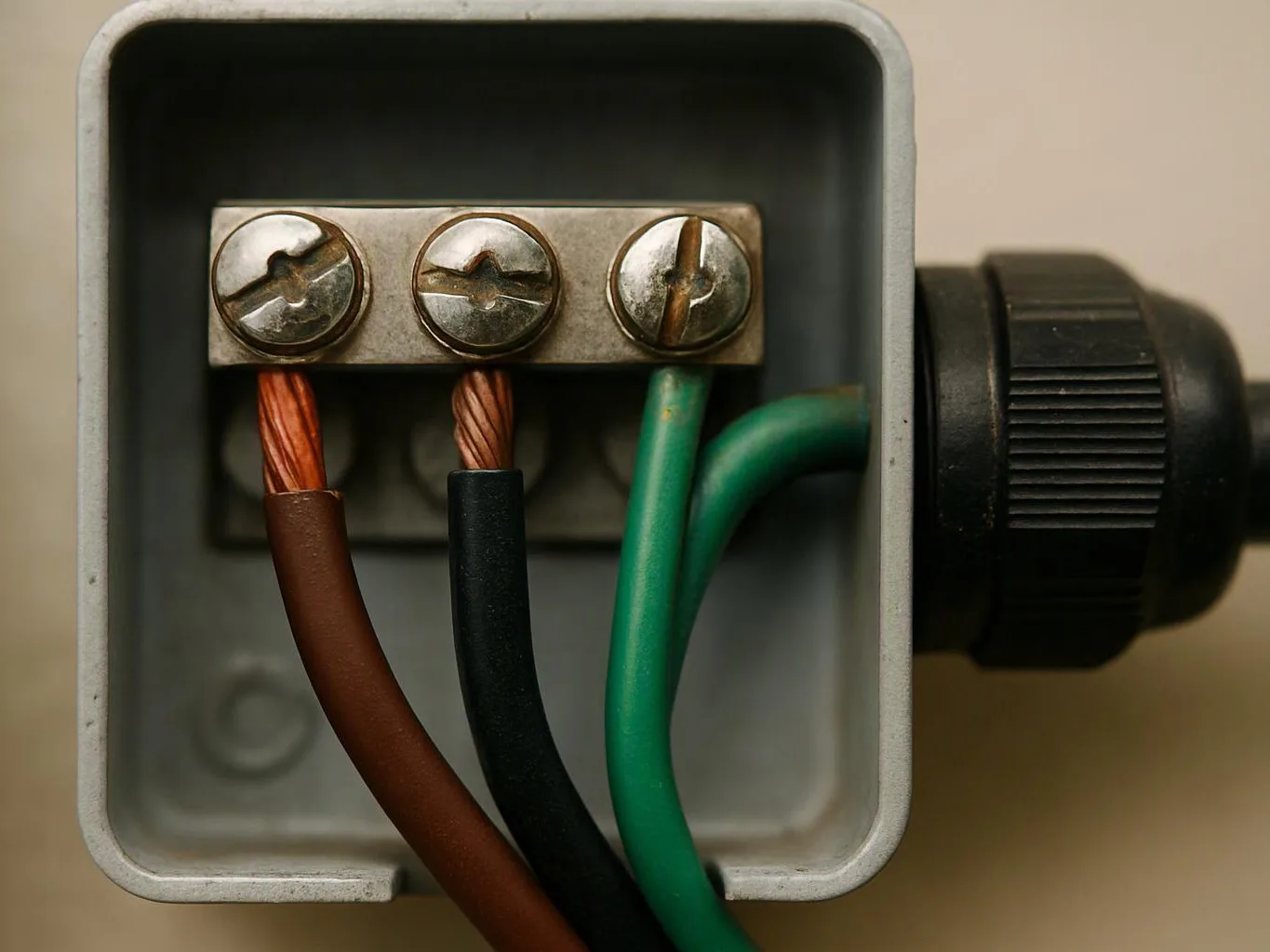 Close-up of a terminal block inside a gray electrical box with three colored wires attached