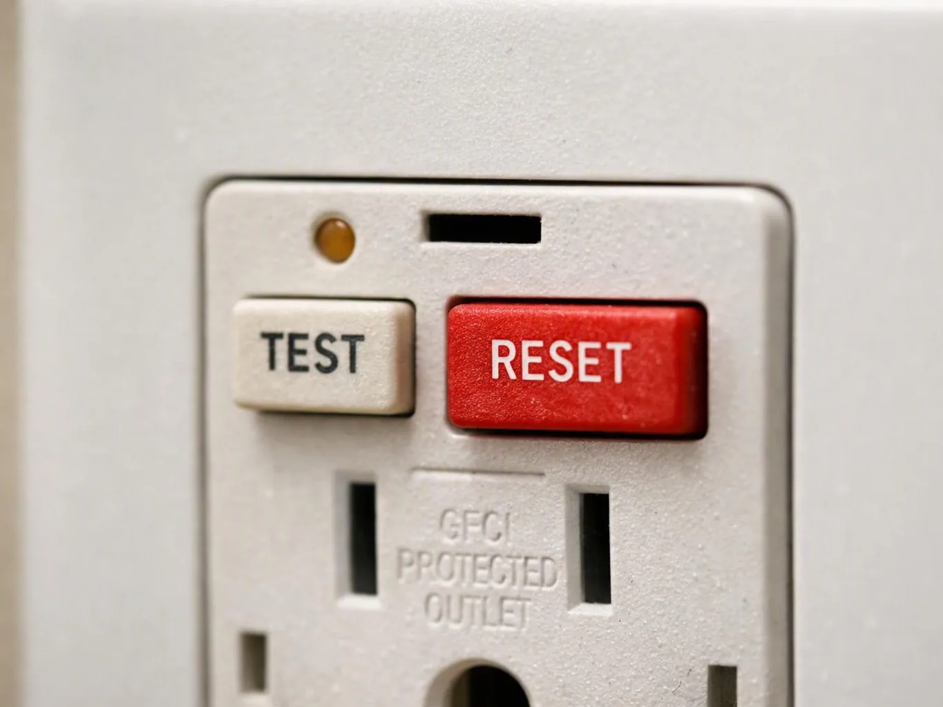 Close-up of a white GFCI outlet with TEST and red RESET buttons on a wall