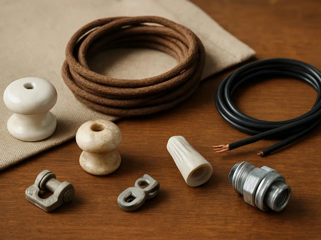 Coiled electrical cords, ceramic insulators, and metal fittings are arranged on a wooden surface