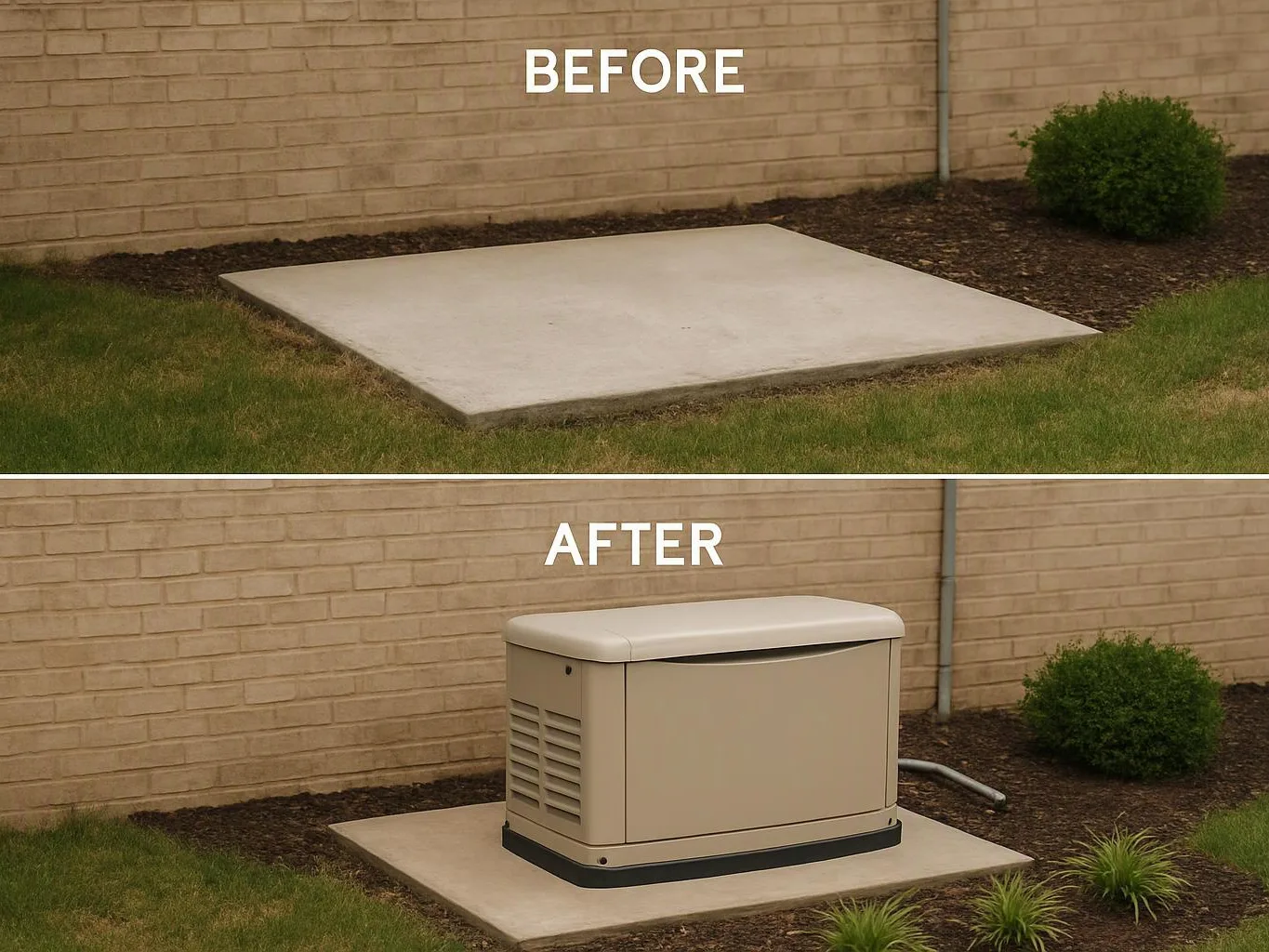 A concrete pad beside a brick wall changes from empty to holding a beige generator with plants around it