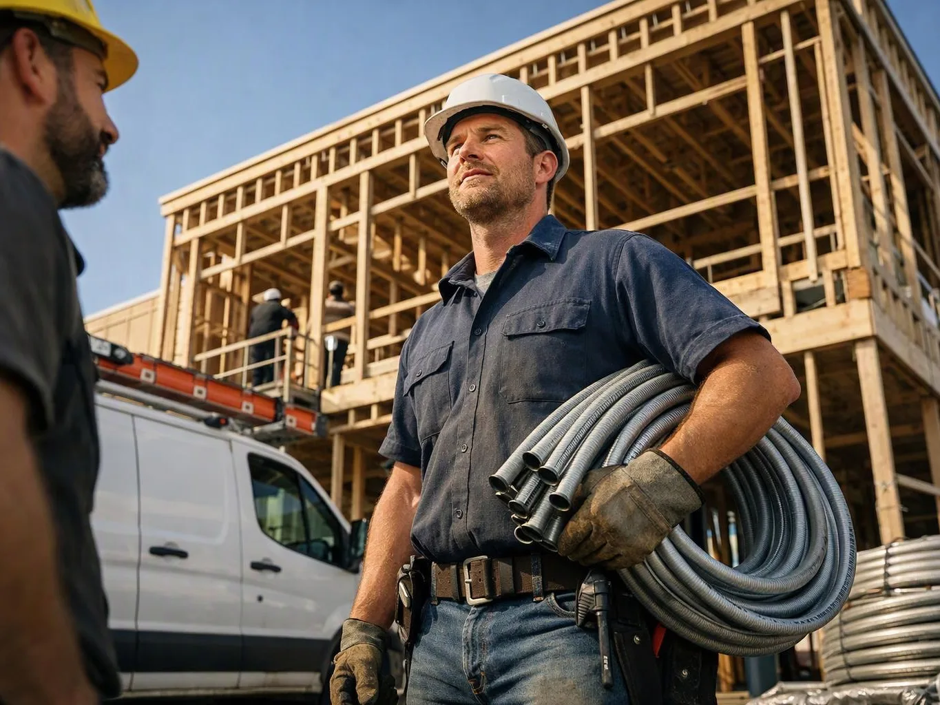 Construction worker in a hard hat carries coiled metal conduit beside a wooden building frame and van