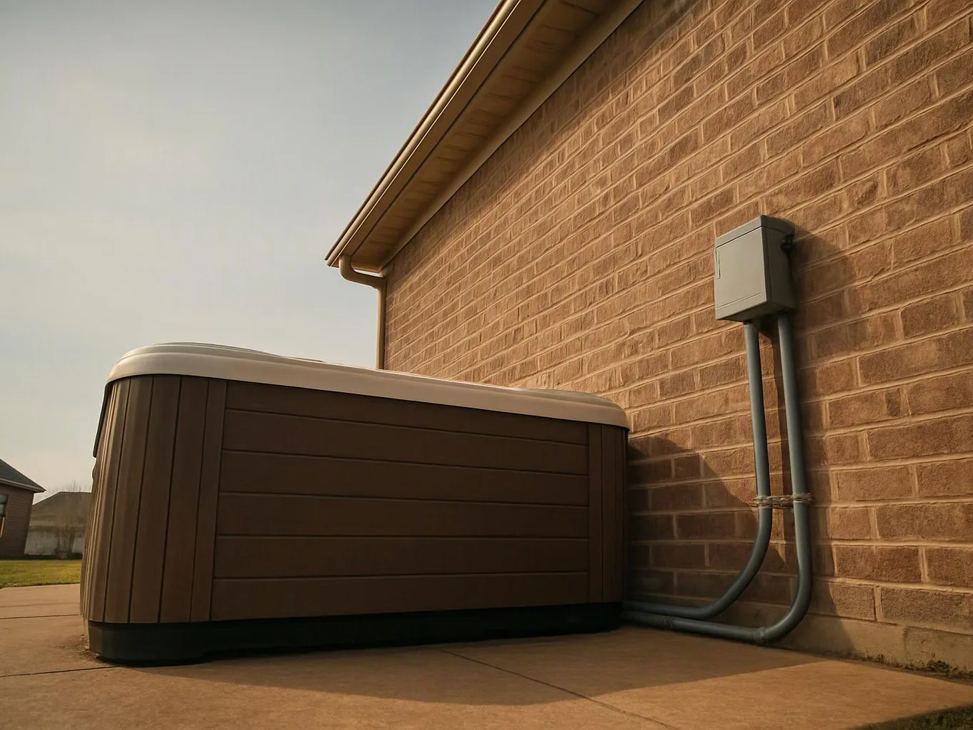 A covered hot tub sits beside a brick house, with gray electrical conduit and a box on the wall
