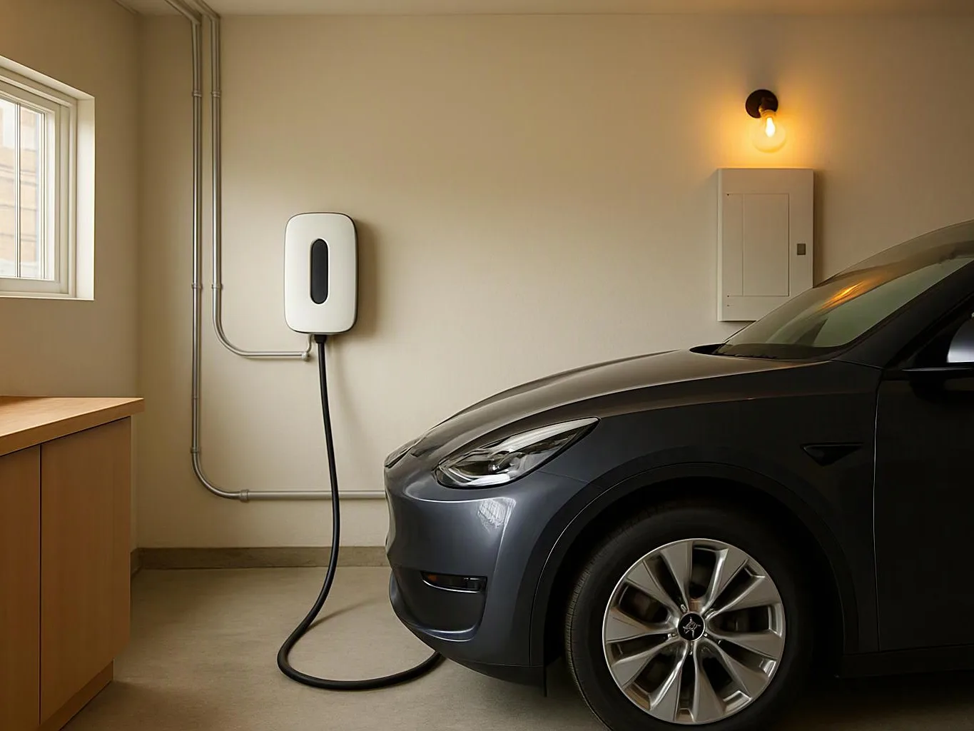 A dark car is parked in a garage and plugged into a wall charging station
