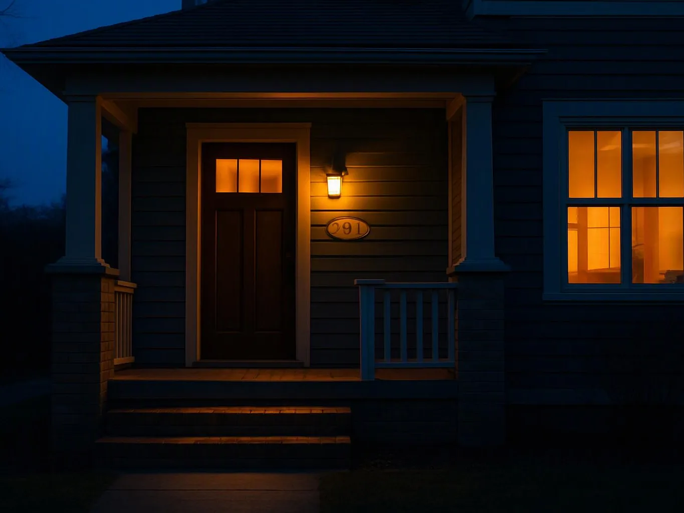 A dark house porch glows with warm light beside a front door and lit window at night