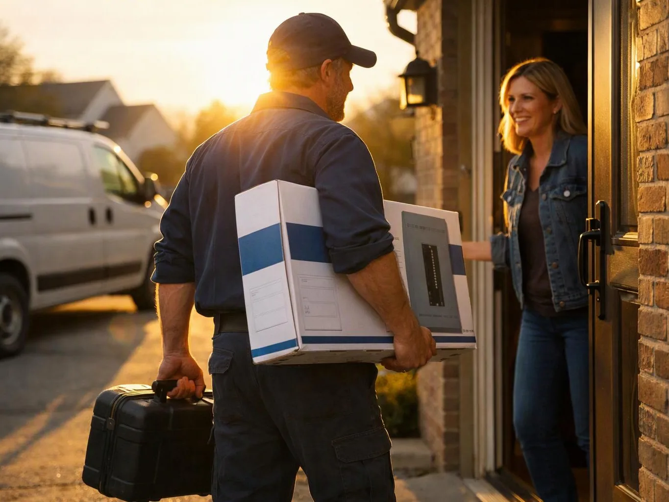 A delivery worker carries boxes and a tool case to a smiling woman at her front door at sunset