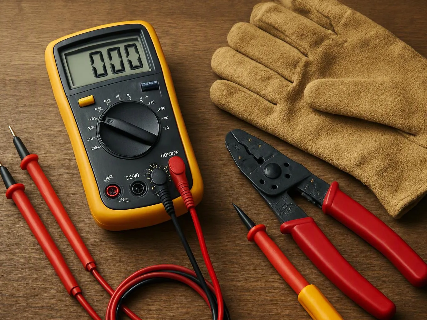 A digital multimeter, test probes, wire stripper, pliers, and work gloves lie on a wooden surface