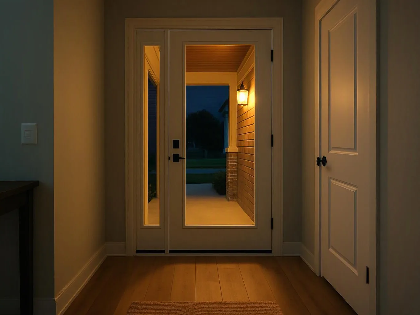 A dim hallway frames a glass front door, glowing porch light, and a night view outside
