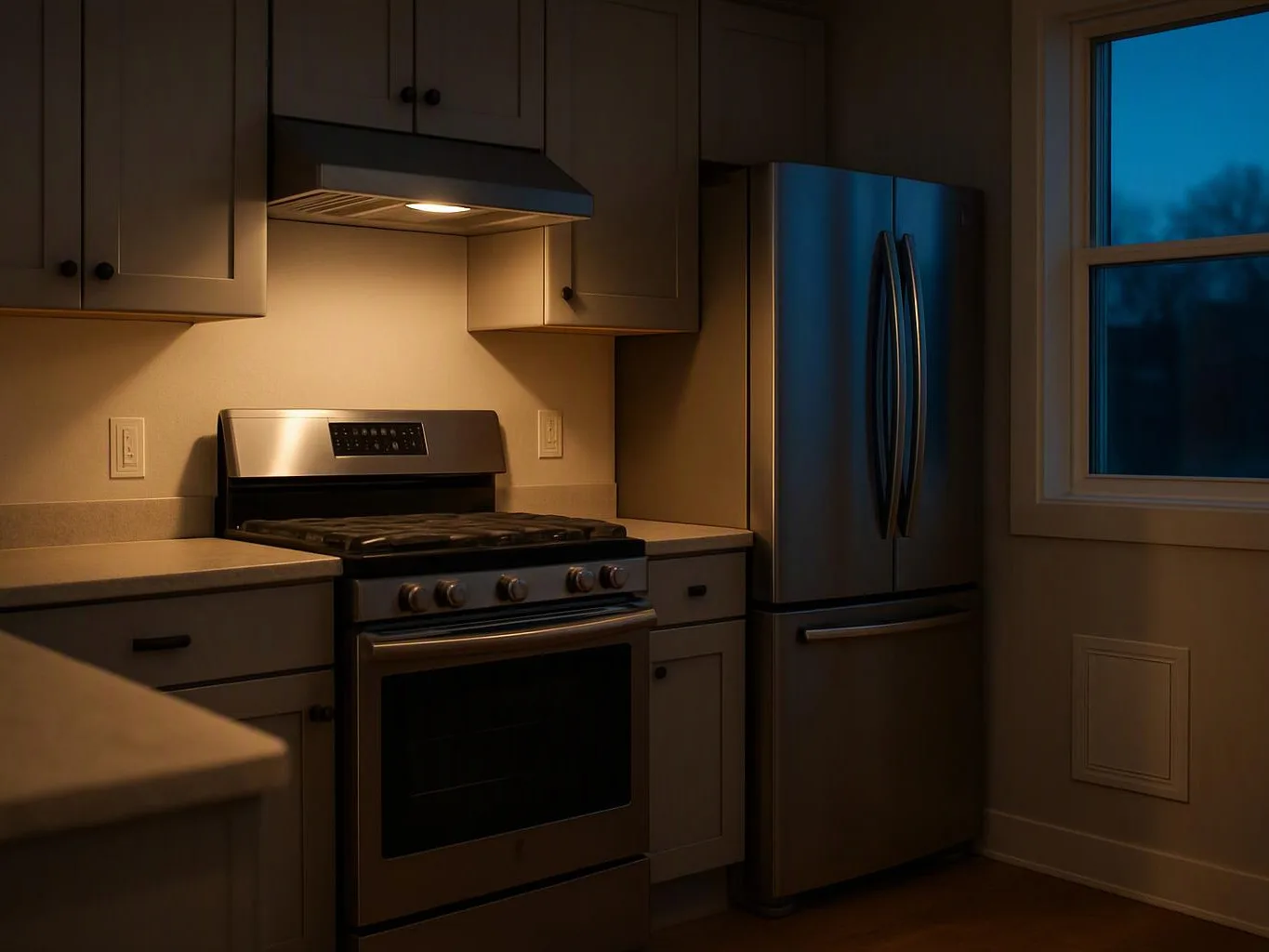 A dim kitchen shows a stainless steel stove, fridge, cabinets, and a window at dusk