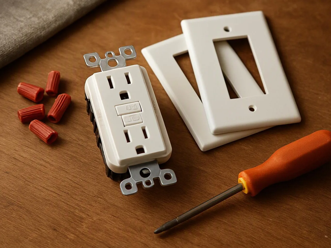 An electrical outlet, wall plates, wire connectors, and a screwdriver sit on a wooden surface