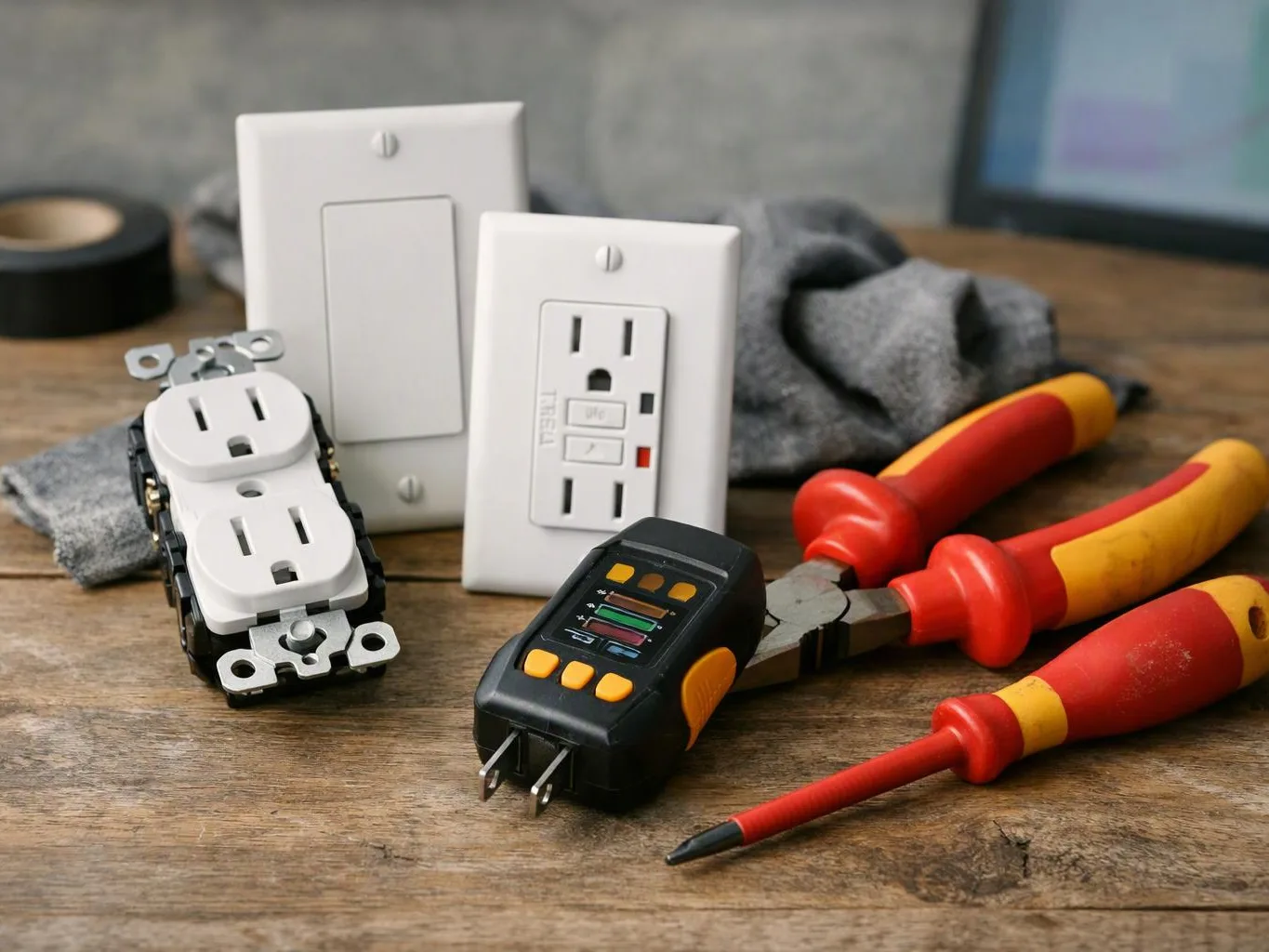 Electrical outlets, a light switch, test tool, and red-yellow hand tools rest on a wooden workbench