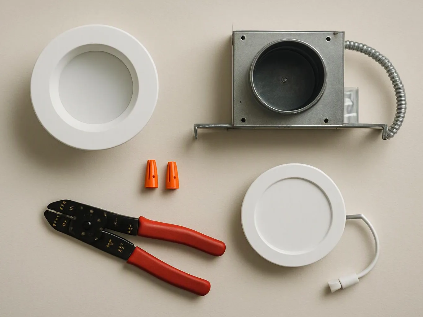 Electrical parts and tools lie neatly arranged on a beige surface, including round lights, a metal box, wire connectors