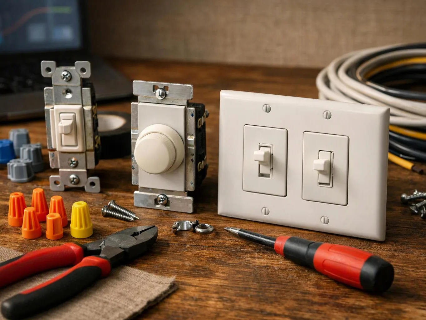 Electrical switches, wire nuts, screws, and hand tools are arranged on a wooden work surface
