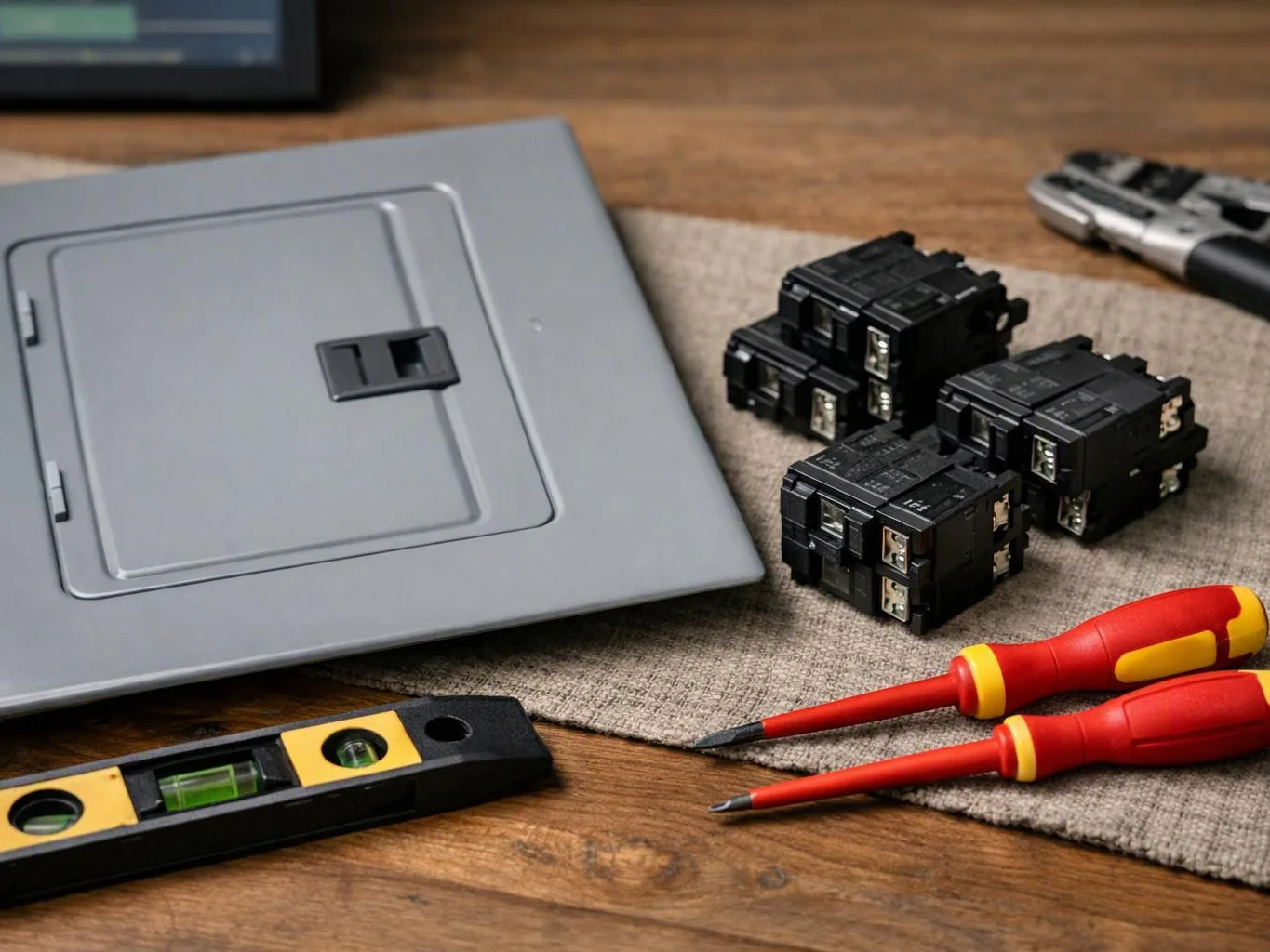 Electrical tools and breakers sit on a wooden table beside a gray panel cover