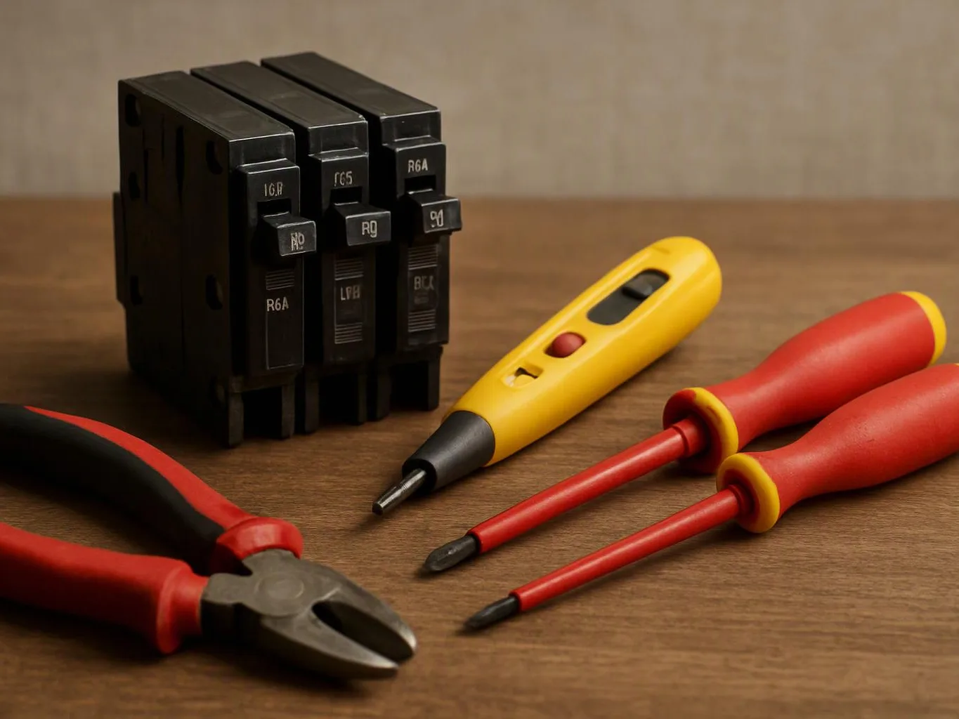 Electrical tools and circuit breakers lie on a wooden table, with pliers and screwdrivers in the foreground