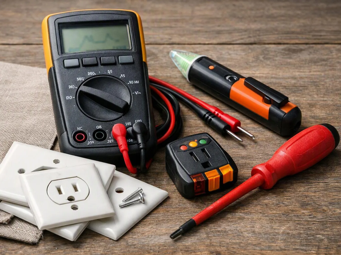 Electrical tools and outlets sit on a wooden table, including a multimeter, voltage tester, screwdriver, and screws