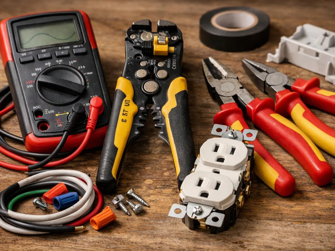 Electrical tools and supplies rest on a wooden workbench, including a multimeter, pliers, outlets, wire, and tape