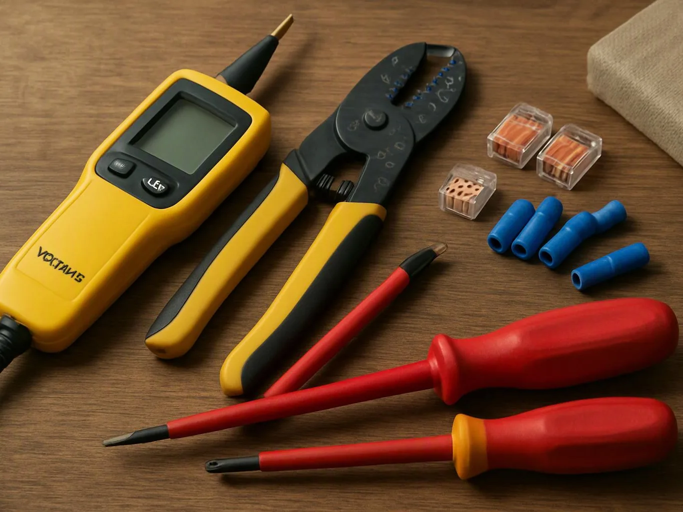 Electrical tools, wire connectors, and screwdrivers are arranged on a wooden tabletop