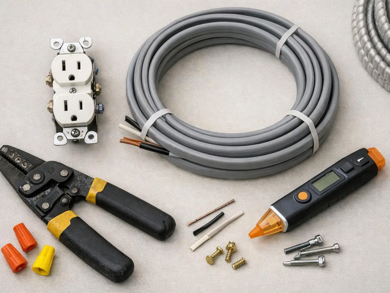 Electrical tools and wiring parts are laid out on a light tabletop, including an outlet, cable, wire stripper, tester