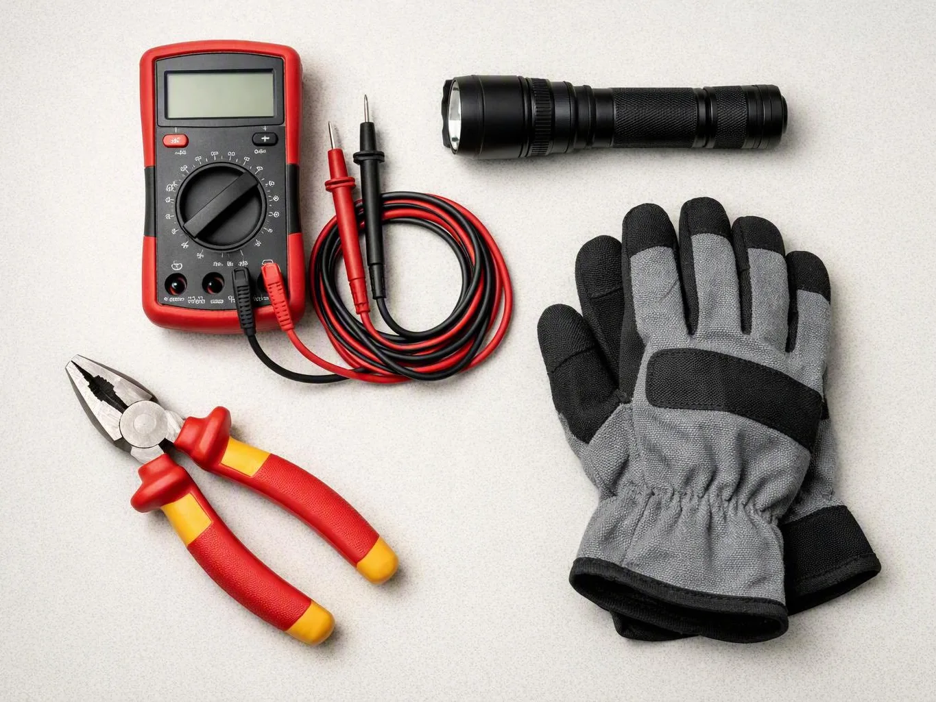 Electrician tools laid out on a white surface, including a multimeter, test leads, flashlight, pliers, and work gloves